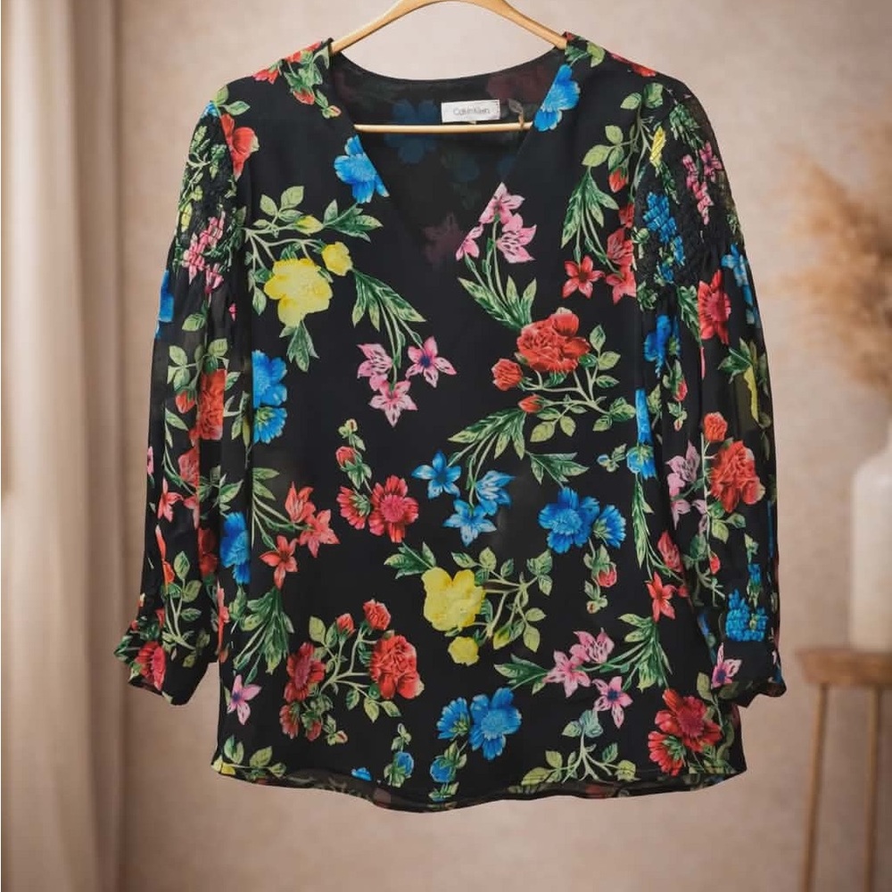 Calvin Klein Black Floral V-Neck Blouse with Multicolor Blooms